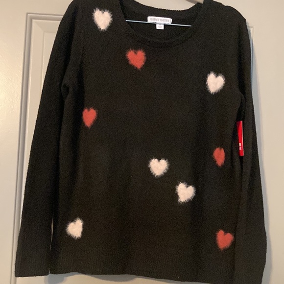 Celebrate Together Sweater Womens Med Black With Fuzzy Hearts Knit Hole - Picture 2 of 10